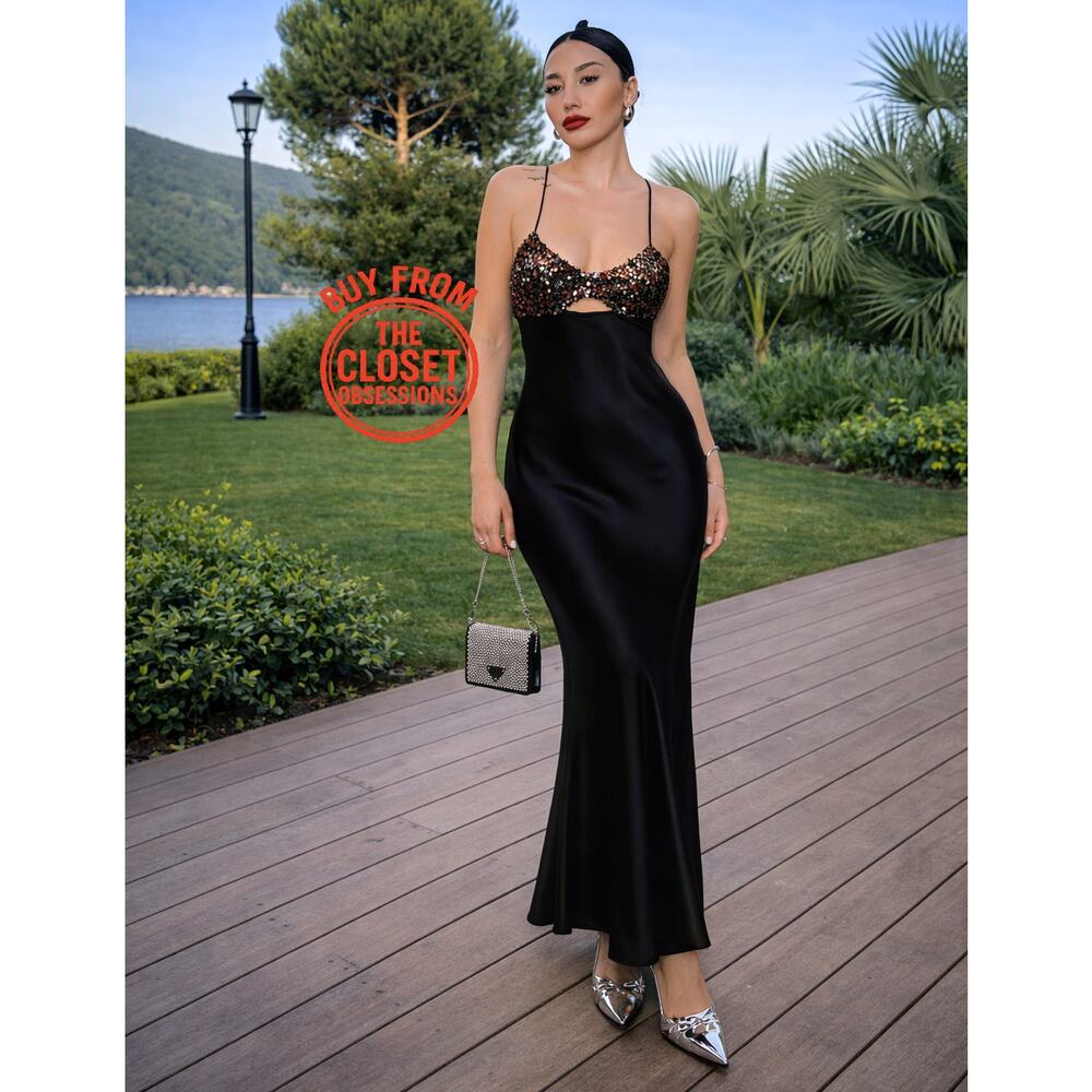 ZARA Black Satin Sequin Bust Midi Dress NWT Wedding Guest Cocktail Dress L